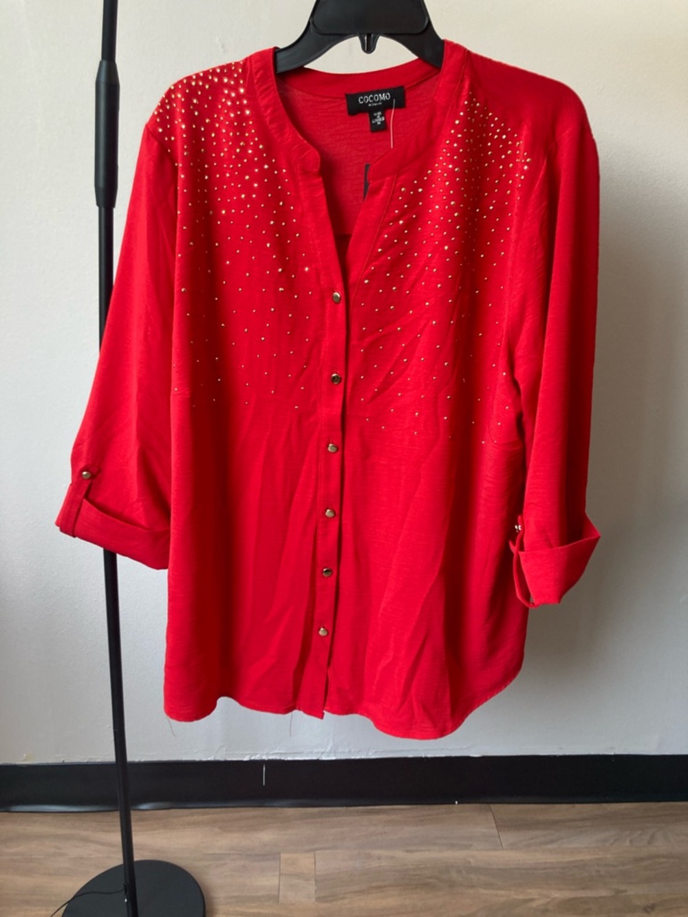 Cocomo button down shirt red with gold metallic embellishments 2X - Picture 14 of 17